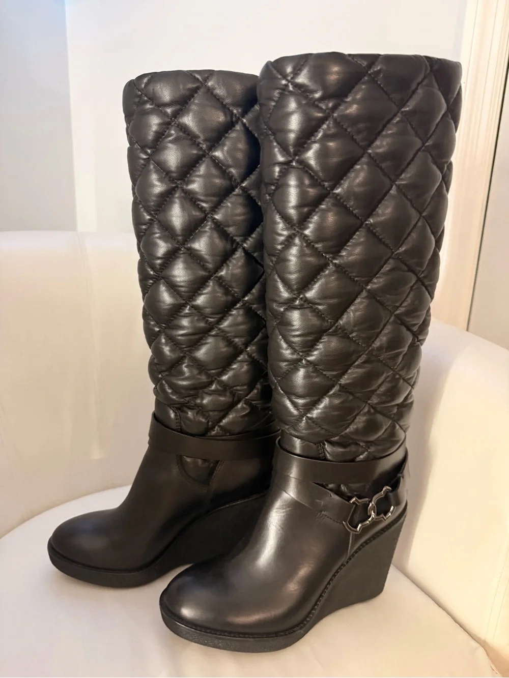 Moncler Nible Black Down Quilted Wedge Boots